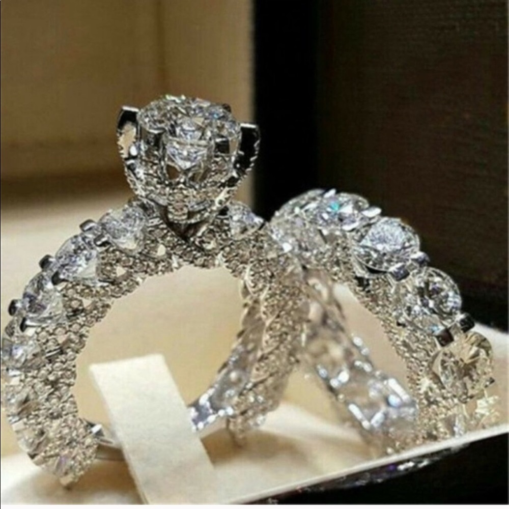 New 2pc Set 925 Silver Sapphire Ring